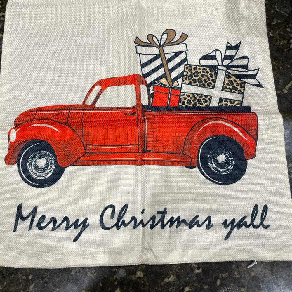 New Merry Christmas Truck Pillow Cover. Fits 18”x18”Pillow. Zipper Closure